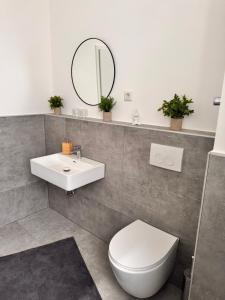 Un baño con inodoro, lavabo y espejo. en Studio Apartment im Zentrum mit Parkplatz & neuem Badezimmer, en Magdeburgo 3 fotos más