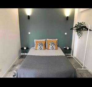ein Schlafzimmer mit einem großen Bett mit Kissen darauf in der Unterkunft Confortables studios in Bobigny
