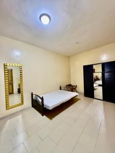 a bedroom with a bed and a mirror in it at Magnifique studio centre ville Saint louis in Saint-Louis
