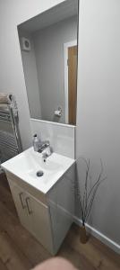 a bathroom with a white sink and a mirror at Ben Lomond Cottage in Arrochar