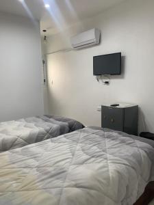 una camera da letto con due letti e una TV a parete di Pyramids Home Guest House a Il Cairo