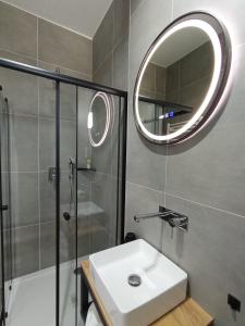 a bathroom with a sink and a shower and a mirror at LigetResidence Apartman in Fonyód +16 photos