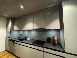 a kitchen with white cabinets and a black counter top at Luxury Studio 111 - Orange in Aarau