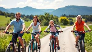 Eine Gruppe von Menschen, die auf einer unbefestigten Straße Fahrrad fahren in der Unterkunft Pension Steigerhof Johanngeorgenstadt in Johanngeorgenstadt