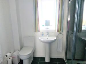 a bathroom with a sink and a toilet and a window at Crossroads Cottage in Sollas +9 photos