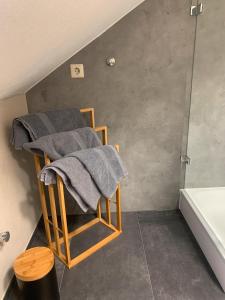 une salle de bains avec trois serviettes assises sur une chaise dans l'établissement Haus Zum Haiden, à Bodman-Ludwigshafen 21 autres photos