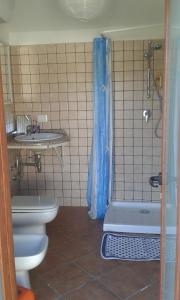 Un baño con inodoro, ducha y lavabo. en Su Furriadroxu Tuerredda, en Teulada