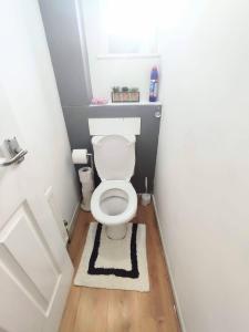 a small bathroom with a toilet with a window at Comfort Palace in Newcastle upon Tyne