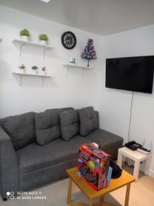 sala de estar con sofá gris y TV en Azure Condo by arlene, en Manila 7 fotos más