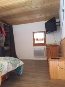 een slaapkamer met een bed en een flatscreen-tv bij Charming duplex in La Toussuire