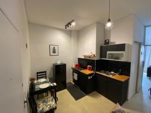 a kitchen with black cabinets and a sink and a microwave at Tuc540 in Buenos Aires