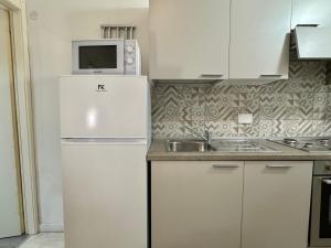 a white kitchen with a refrigerator and a microwave at La Casa Di Giorgio in Sanremo +4 photos