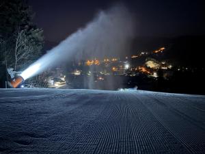 a fire hydrant is spraying water at night at Na samotě u lesa in Vsetín