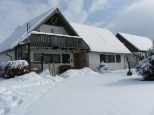 a house is covered in snow at Chalupa na Maňavě in Maňava