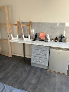 a kitchen with a white counter top and a refrigerator at Appartement 2 in Les Minières