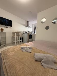 Un dormitorio con una cama con dos toallas encima. en Le Comte - Studio, en Belfort