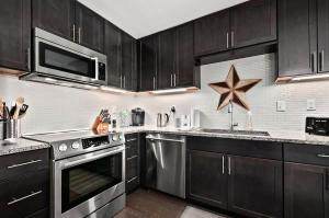 a kitchen with black cabinets and a star on the wall at 2BR Condo with Balcony, Free Tix, Walk to Downtown in Asheville +18 photos