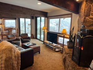 a living room with a couch and a television at Aspen Chalet 976 in Aspen