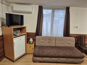 salon z kanapą i telewizorem w obiekcie Crystal Sóstó Apartman w Nyíregyházie