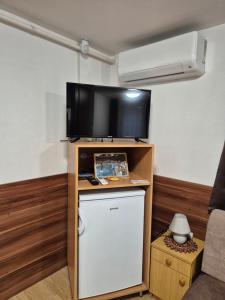 Pokój z małą lodówką i telewizorem w obiekcie Crystal Sóstó Apartman w Nyíregyházie +34 zdjęcia