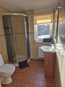 Un baño con ducha, inodoro y lavabo. en Kwatery u Jarka z ogrodem i parkingiem, en Jelenia Góra 42 fotos más