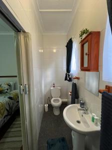 a small bathroom with a toilet and a sink at Tanya's Haven Guesthouse in Klerksdorp +35 photos