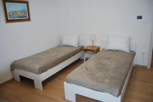 two twin beds in a room with a night stand at Apartma Rače in Rače +18 photos