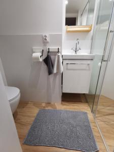 a small bathroom with a sink and a rug at Wild Wine House in Gdynia