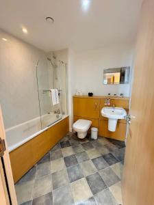 a bathroom with a toilet and a sink and a shower at Britannia Apartments in Edinburgh