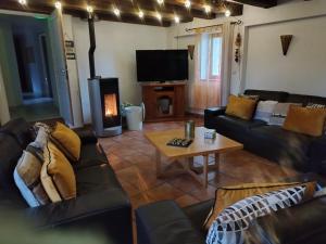a living room with couches and a table and a tv at Gite La Trotiniere in Luynes