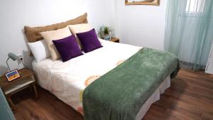 a bedroom with a large bed with purple pillows at LA CASA DE LAS BICIS in Cádiz