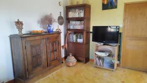 a living room with a television and a book shelf at UNE MAISON SUR UNE PRESQU'ILE in Port-Saint-Louis-du-Rhône