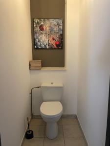a bathroom with a toilet with a painting on the wall at Chez Paul in Jeuxey +13 photos