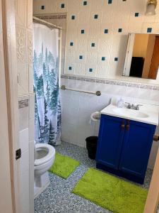 a bathroom with a blue sink and a toilet at Amazing three bedrooms Apartment near EWR and NYC in Linden +50 photos
