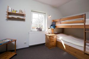 a bedroom with two bunk beds and a window at Kastanie in Fehmarn