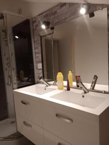 a bathroom with a white sink and a mirror at La tanière de Lise in Puyravault +10 photos