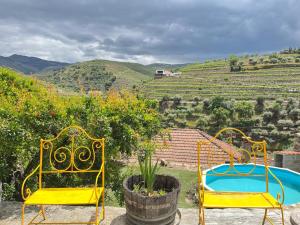 two chairs and a swimming pool on a patio with a vineyard at Casa do Pedro, Quinta Vale de Vila in São João da Pesqueira +3 photos