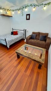 a living room with a couch and a coffee table at Alojamiento en el Centro Histórico in Oaxaca City