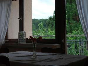 eine Vase mit Blumen auf einem Tisch vor einem Fenster in der Unterkunft Ferienwohnung mit Pool in Straubenhardt