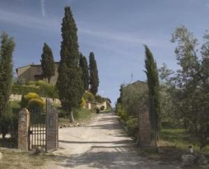 un chemin de terre avec un portail et des arbres dans l'établissement Schönes Ferienhaus Rosanna, à San Gimignano