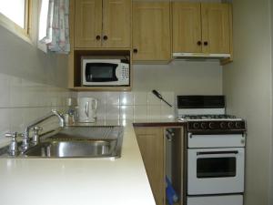 a kitchen with a sink and a microwave at Albany Apartments in Albany