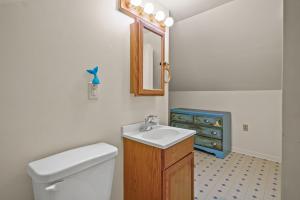 a bathroom with a toilet and a sink and a mirror at Lazy Days - Pet friendly with screened gazebo! in Deep Hole