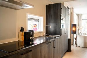 una cocina con fregadero y encimera en Luxe chalet 5p met hottub midden in het bos - Boshuisje Casa Kuin, en Haarle