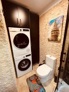 a bathroom with a washing machine and a toilet at Retro, two bedroom and livingroom on Main Street in Çekmeköy