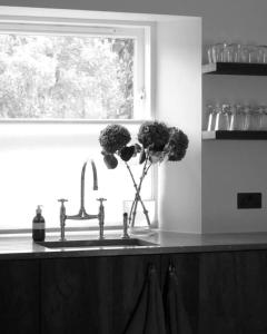 een aanrecht met een vaas met bloemen naast een raam bij Old school - Charming Historic Cottage for Seven in Ballater