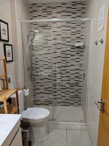a bathroom with a shower and a toilet at The Sunny Cottage by Freetimealgarve in Faro +35 photos