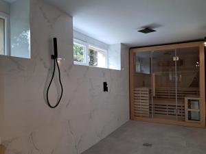 a bathroom with a shower with a phone on the wall at Szwajcarka Willa z sauną i jacuzzi in Kudowa-Zdrój