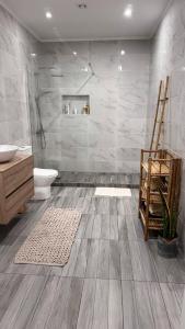 a bathroom with a shower and a toilet and a sink at Revived in Porto da Cruz +17 photos