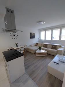 a living room with a couch and a table at MG Apartament Elfów in Tychy
