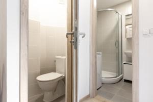 a bathroom with a toilet and a shower at 2 bedroom apartment with a terrace near the metro in Prague